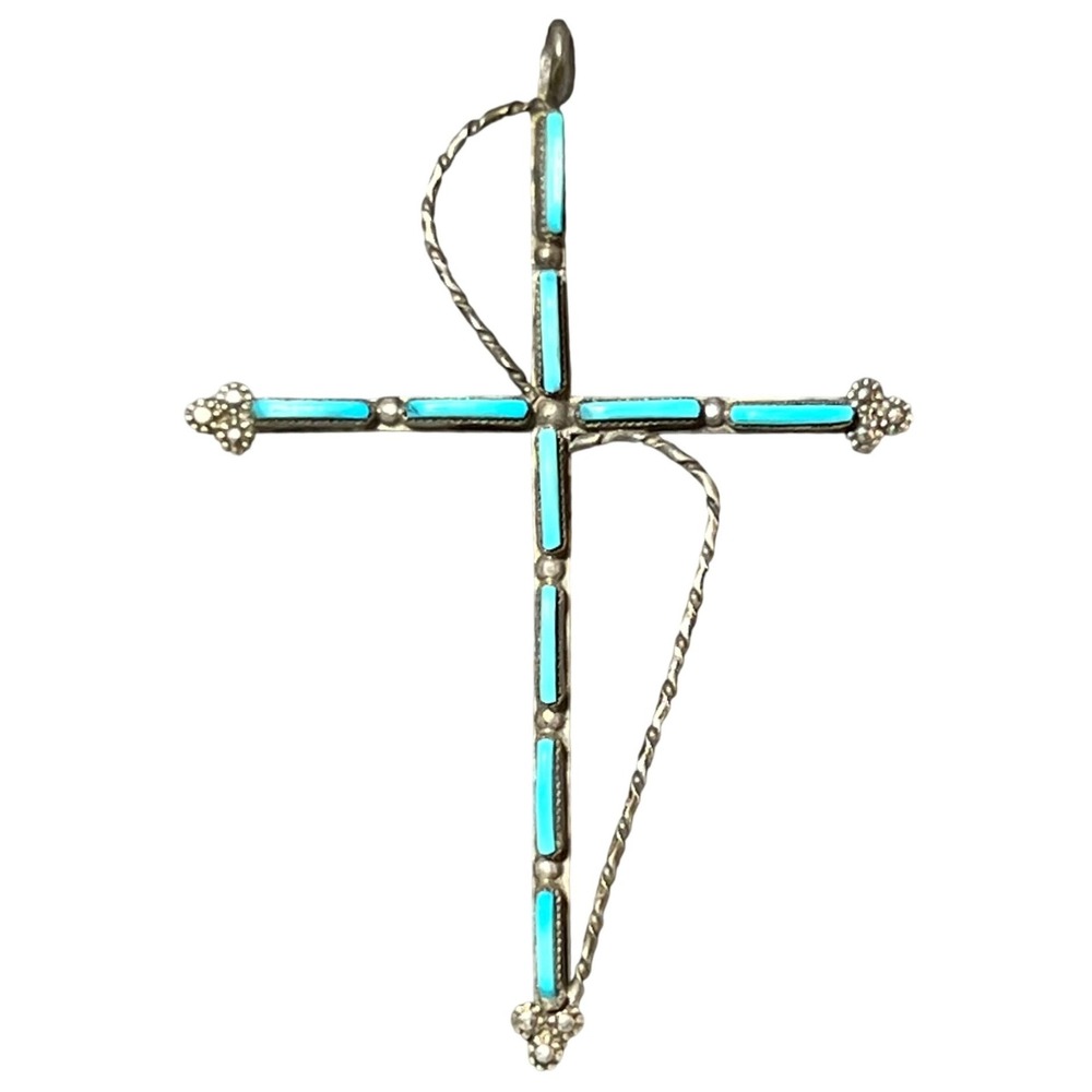 Vintage Zuni Cross Pendant Large Needlepoint Turquoise Sterling Silver 4.3g